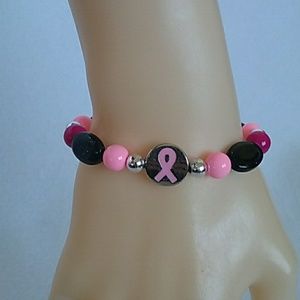 Pink, silver, and black awareness beaded stretch bracelet